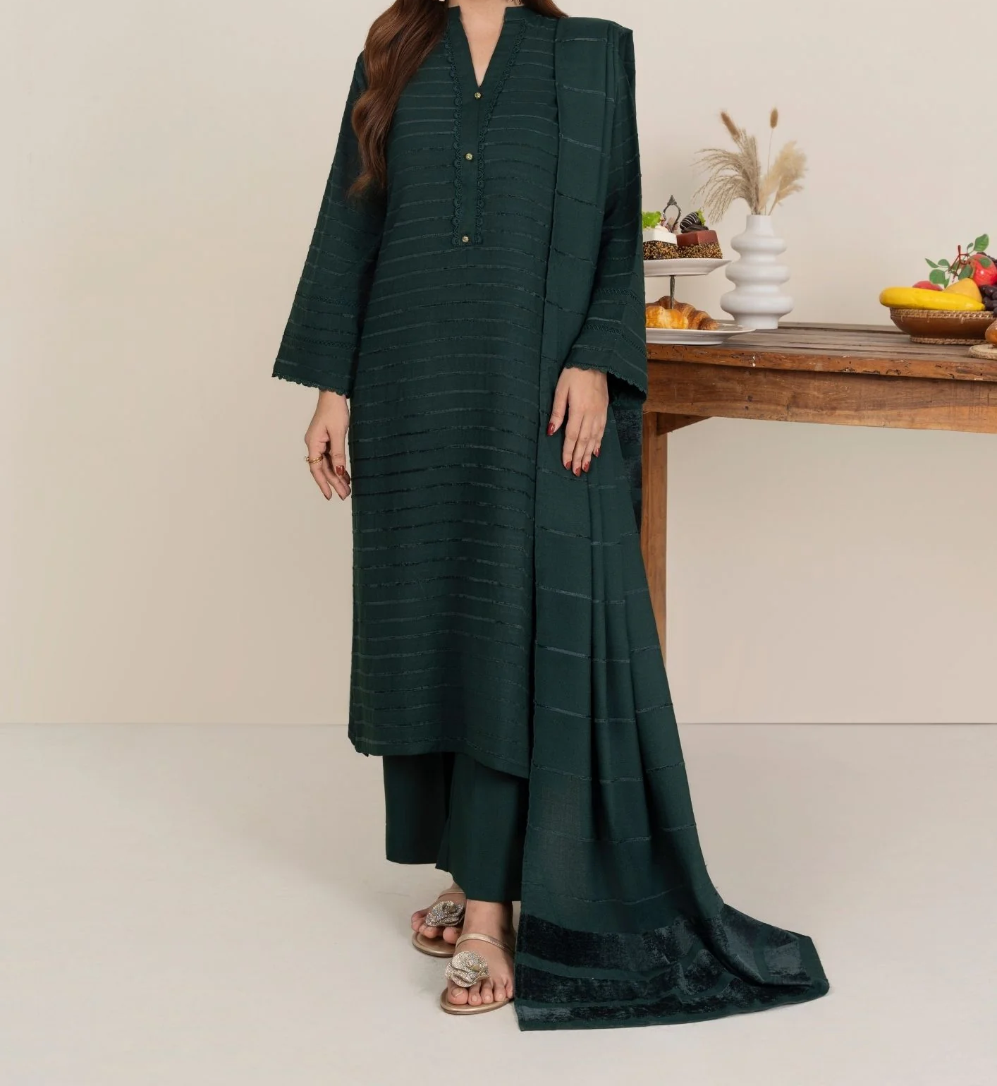 3pc Alpine Velvet Shirt with Velvet Border Shawl and Plain Trouser Bottle Green AML-W25-0013