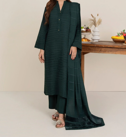 3pc Alpine Velvet Shirt with Velvet Border Shawl and Plain Trouser Bottle Green AML-W25-0013