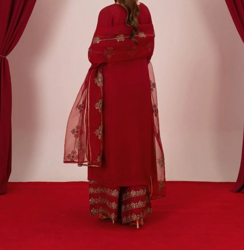 3Pc Embroidered Silk Viscose with Organza Dupatta Maroon | LUXE-L25-0002