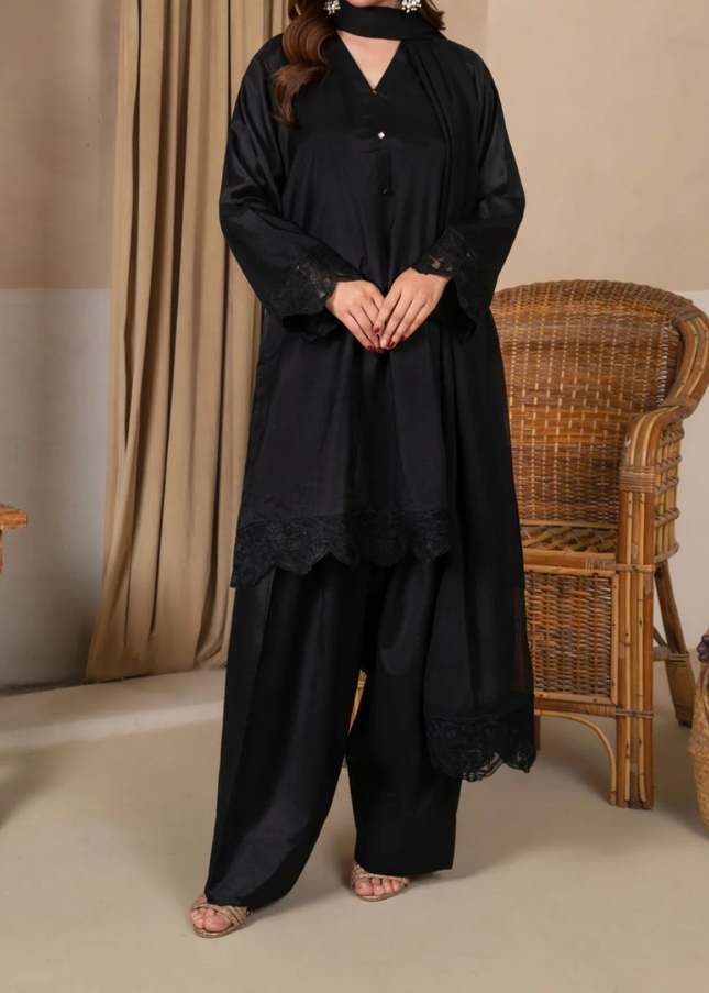 3Pc Embroidered Silk Viscose with Farshi Shalwar Black JASHAN-J26-0010