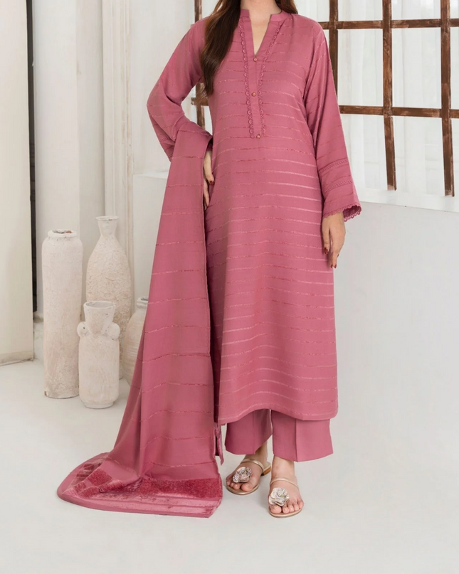 3pc Alpine Velvet Shirt with Velvet Border Shawl and Plain Trouser Tea Pink AML-W25-0012