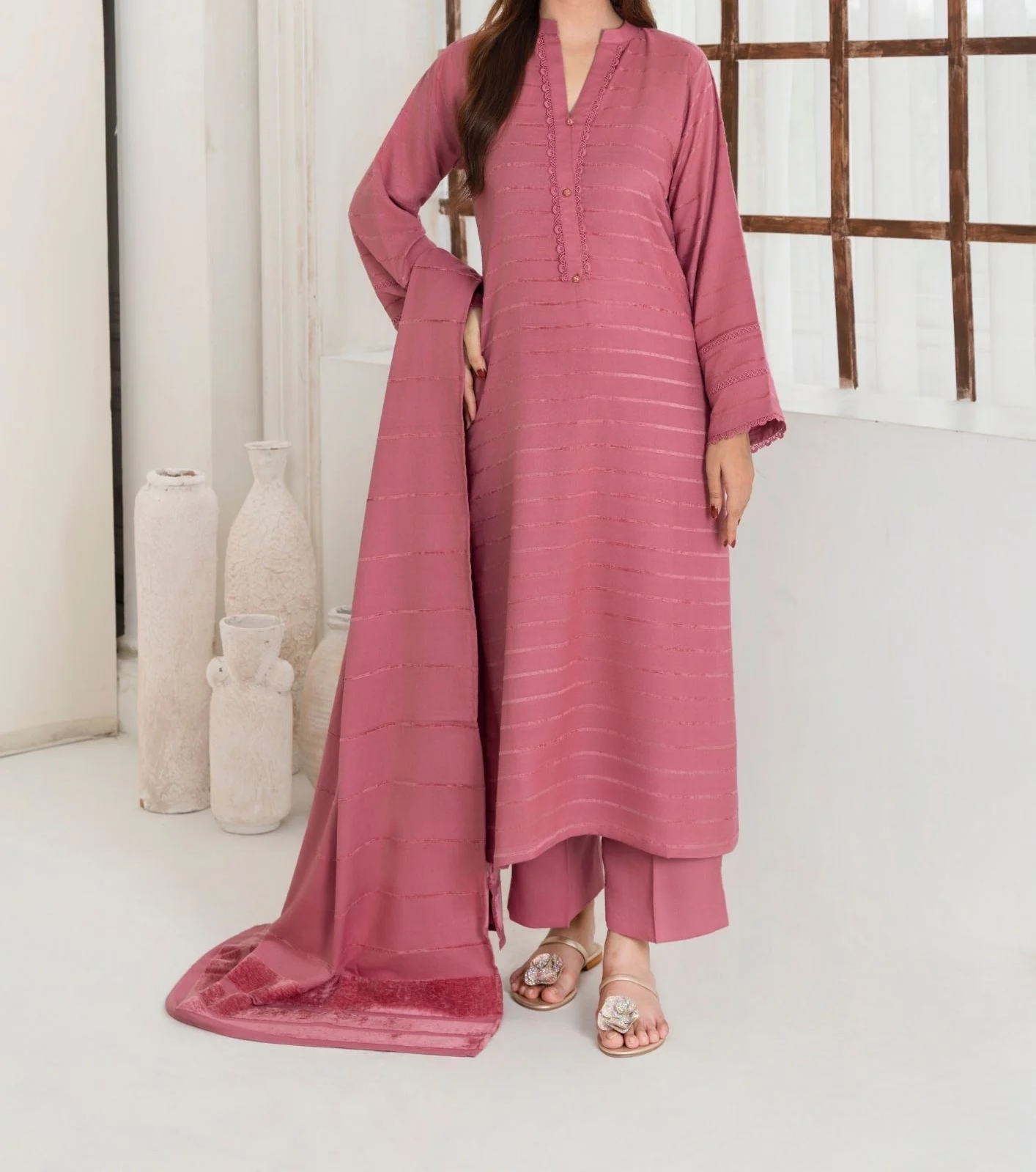3pc Alpine Velvet Shirt with Velvet Border Shawl and Plain Trouser Tea Pink AML-W25-0012