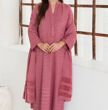 3pc Alpine Velvet Shirt with Velvet Border Shawl and Plain Trouser Tea Pink AML-W25-0012