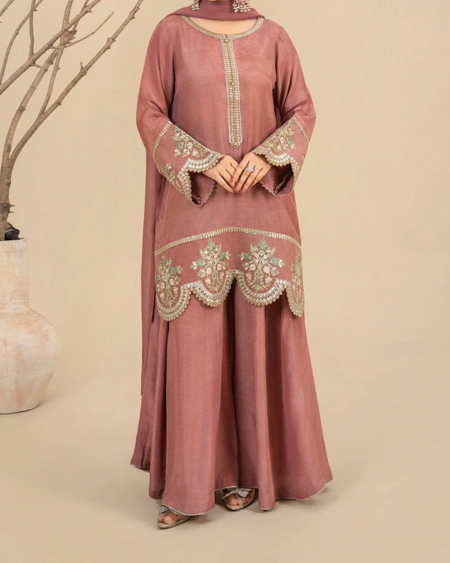 3Pc Silk Viscose Suit with Chiffon Dupatta & Sharara Tea Pink JASHAN-J26-0014