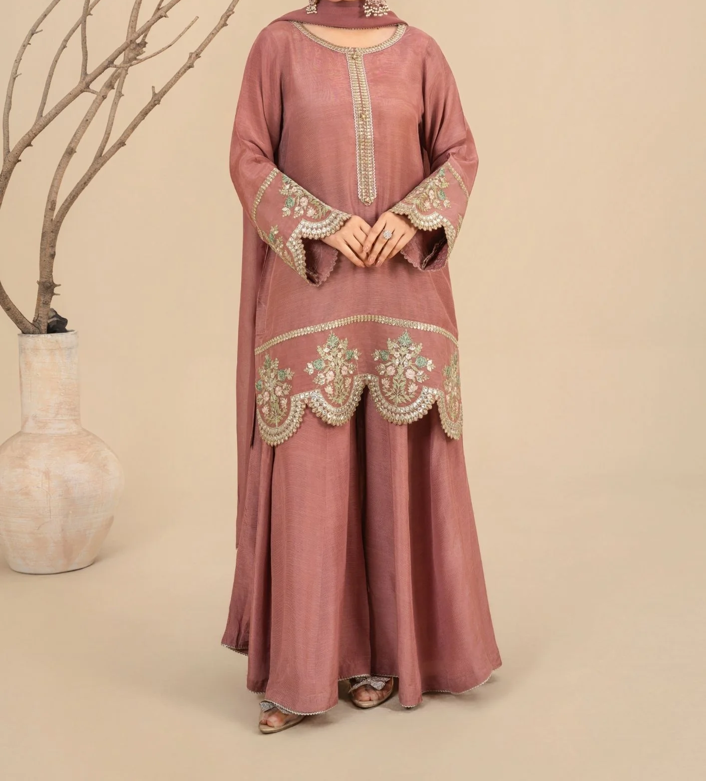 3Pc Silk Viscose Suit with Chiffon Dupatta & Sharara Tea Pink JASHAN-J26-0014