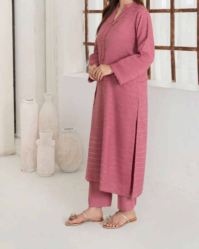 3pc Alpine Velvet Shirt with Velvet Border Shawl and Plain Trouser Tea Pink AML-W25-0012