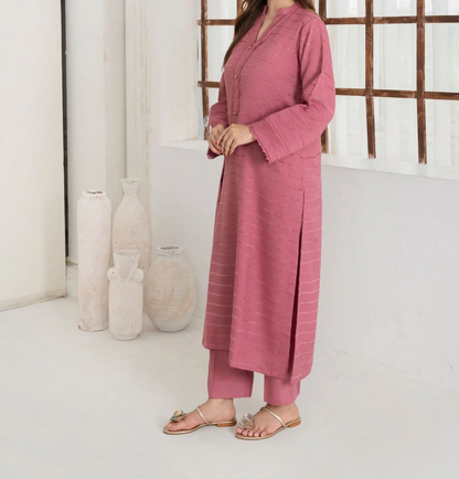 3pc Alpine Velvet Shirt with Velvet Border Shawl and Plain Trouser Tea Pink AML-W25-0012
