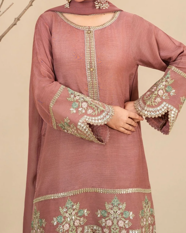 3Pc Silk Viscose Suit with Chiffon Dupatta & Sharara Tea Pink JASHAN-J26-0014