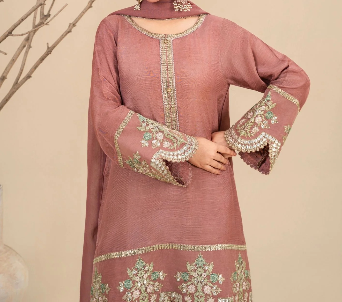 3Pc Silk Viscose Suit with Chiffon Dupatta & Sharara Tea Pink JASHAN-J26-0014