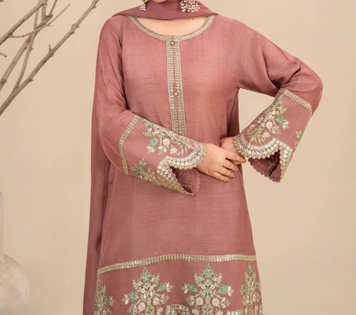 3Pc Silk Viscose Suit with Chiffon Dupatta & Sharara Tea Pink JASHAN-J26-0014