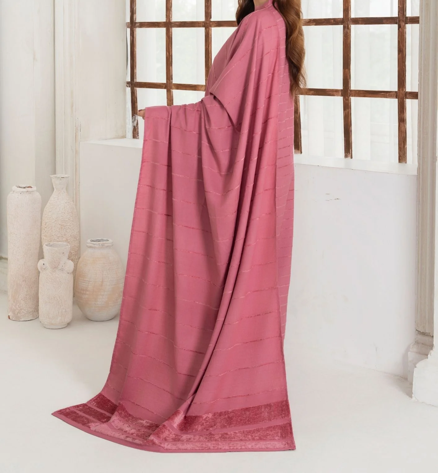 3pc Alpine Velvet Shirt with Velvet Border Shawl and Plain Trouser Tea Pink AML-W25-0012