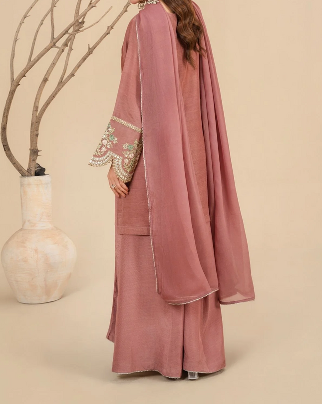 3Pc Silk Viscose Suit with Chiffon Dupatta & Sharara Tea Pink JASHAN-J26-0014