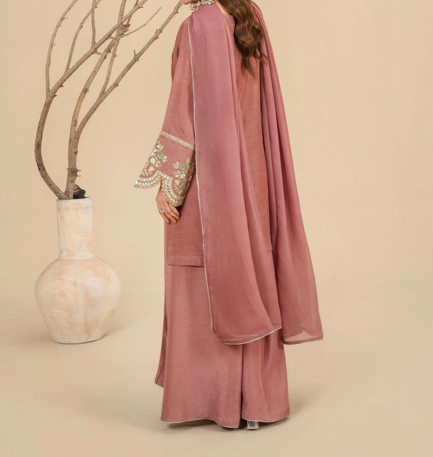 3Pc Silk Viscose Suit with Chiffon Dupatta & Sharara Tea Pink JASHAN-J26-0014