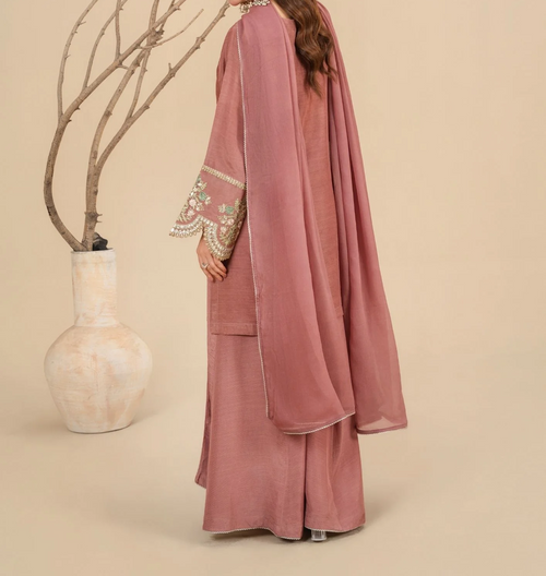 3Pc Silk Viscose Suit with Chiffon Dupatta & Sharara Tea Pink JASHAN-J26-0014