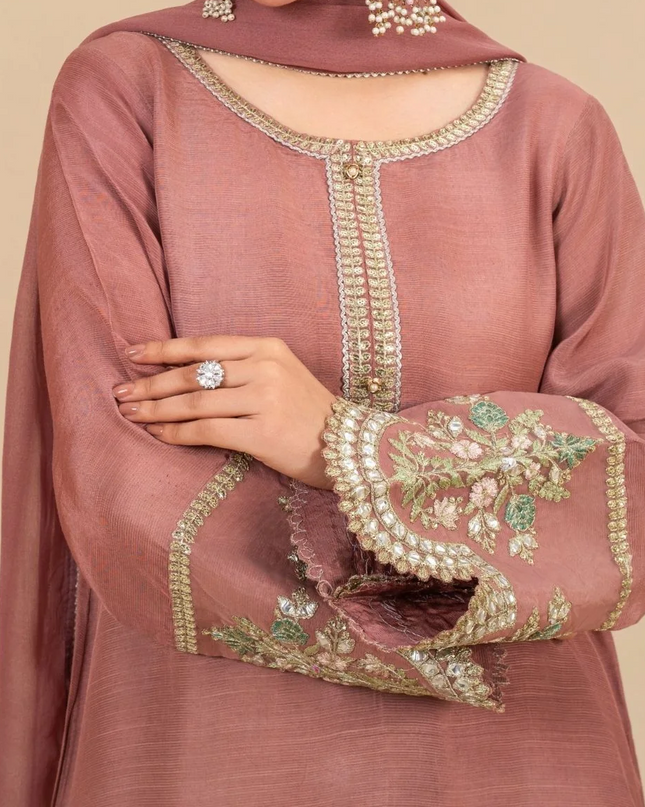 3Pc Silk Viscose Suit with Chiffon Dupatta & Sharara Tea Pink JASHAN-J26-0014