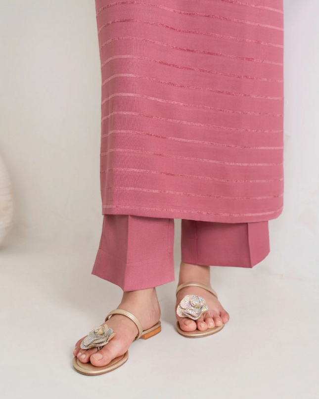 3pc Alpine Velvet Shirt with Velvet Border Shawl and Plain Trouser Tea Pink AML-W25-0012