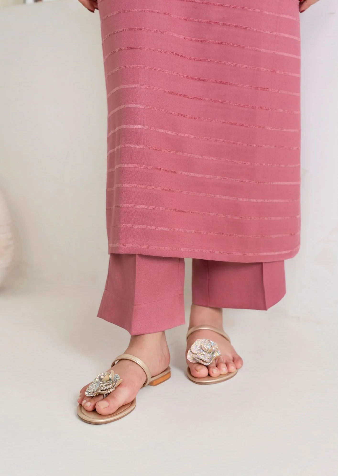 3pc Alpine Velvet Shirt with Velvet Border Shawl and Plain Trouser Tea Pink AML-W25-0012