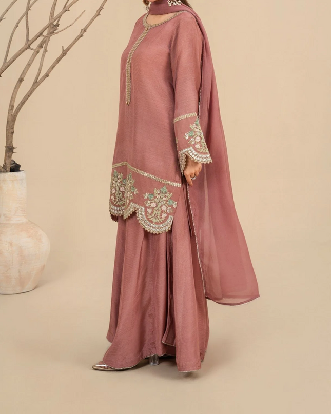 3Pc Silk Viscose Suit with Chiffon Dupatta & Sharara Tea Pink JASHAN-J26-0014
