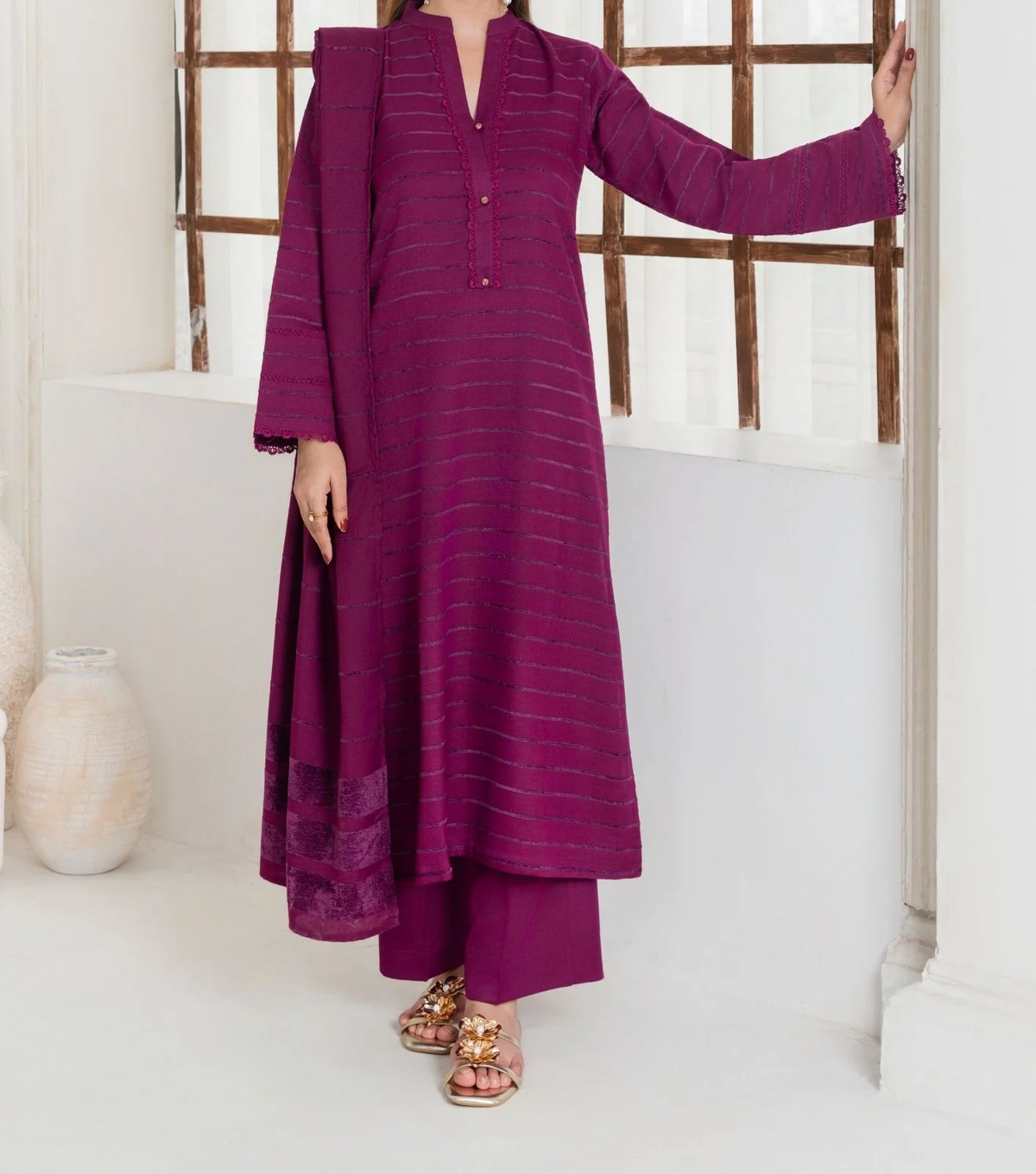 3pc Alpine Velvet Shirt with Velvet Border Shawl and Plain Trouser Magenta AML-W25-0011