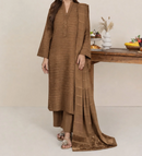 3pc Alpine Velvet Shirt with Velvet Border Shawl and Plain Trouser Chikoo AML-W26-0002