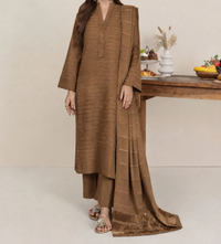 3pc Alpine Velvet Shirt with Velvet Border Shawl and Plain Trouser Chikoo AML-W26-0002