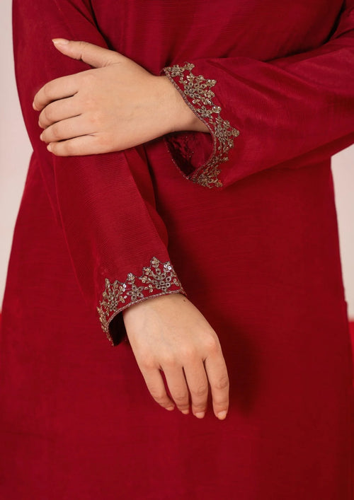 3Pc Embroidered Silk Viscose with Organza Dupatta Maroon | LUXE-L25-0002