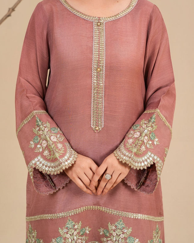 3Pc Silk Viscose Suit with Chiffon Dupatta & Sharara Tea Pink JASHAN-J26-0014