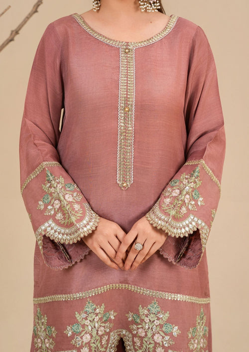3Pc Silk Viscose Suit with Chiffon Dupatta & Sharara Tea Pink JASHAN-J26-0014
