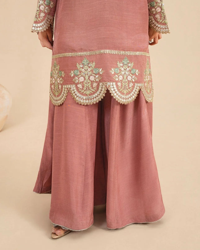3Pc Silk Viscose Suit with Chiffon Dupatta & Sharara Tea Pink JASHAN-J26-0014