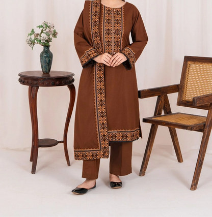 3pc Embroidered Khaddar with Embroidered Border Shawl Chocolate AML-W25-0029
