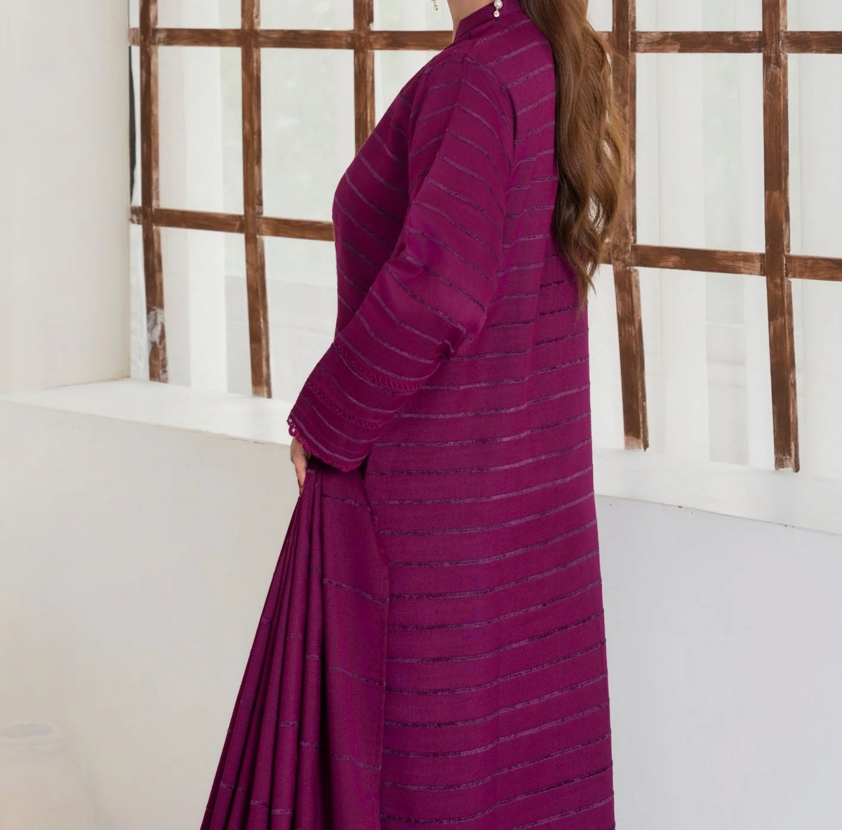 3pc Alpine Velvet Shirt with Velvet Border Shawl and Plain Trouser Magenta AML-W25-0011