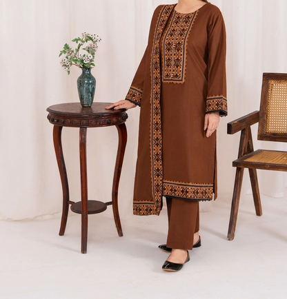 3pc Embroidered Khaddar with Embroidered Border Shawl Chocolate AML-W25-0029