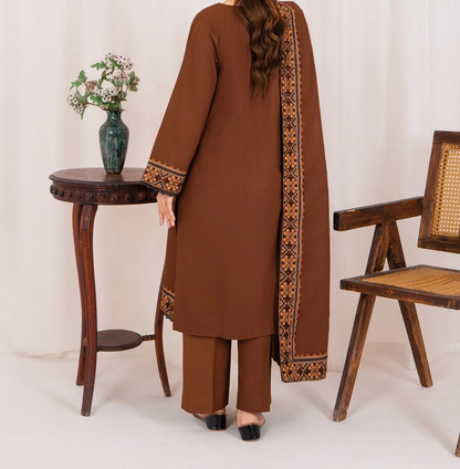 3pc Embroidered Khaddar with Embroidered Border Shawl Chocolate AML-W25-0029
