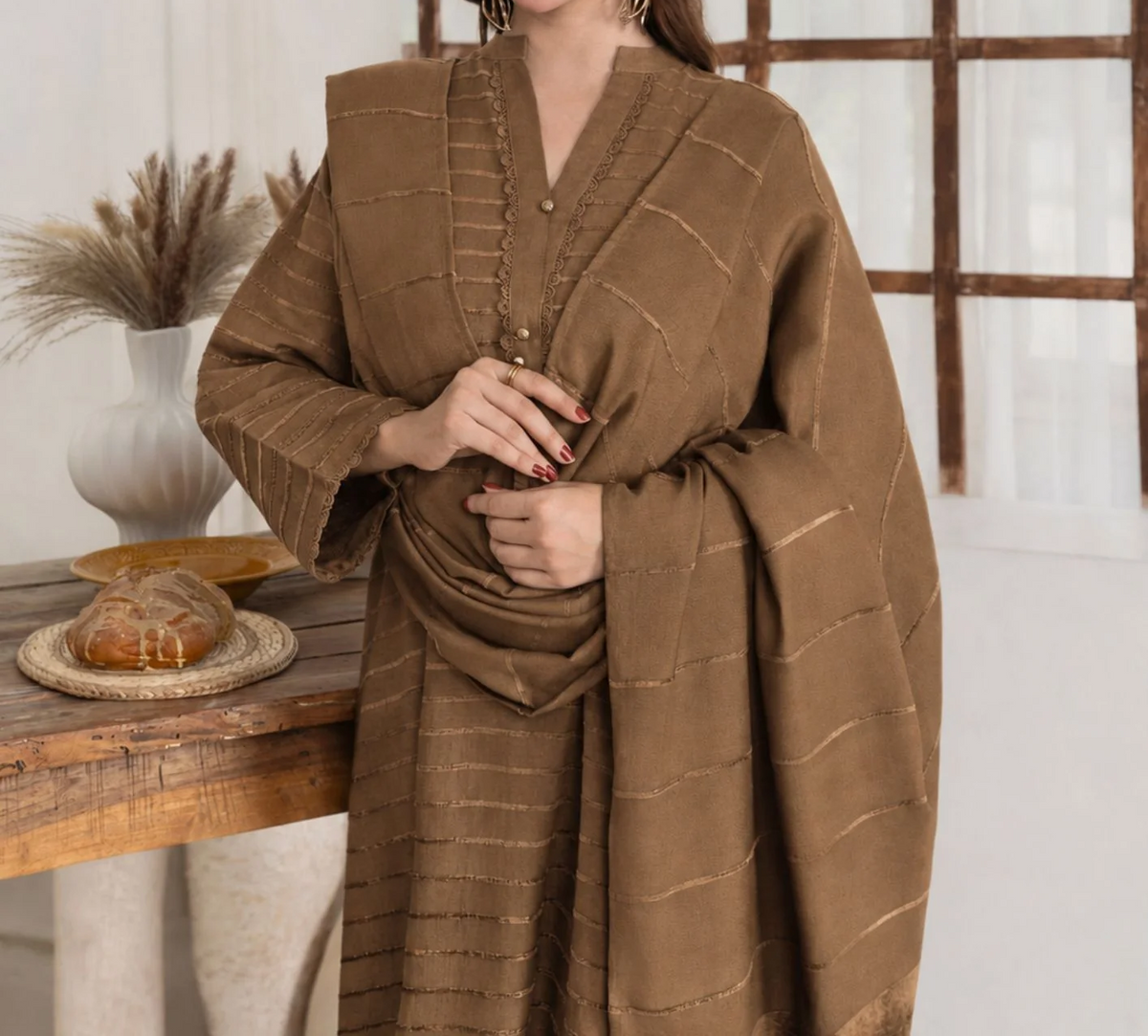 3pc Alpine Velvet Shirt with Velvet Border Shawl and Plain Trouser Chikoo AML-W26-0002