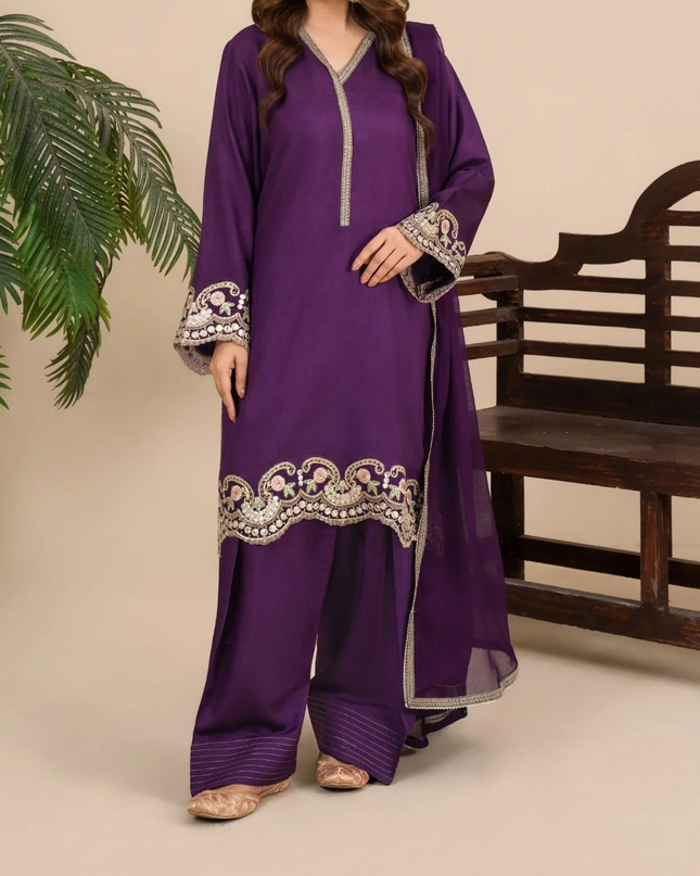 3-Piece Silk Viscose Suit with Chiffon Dupatta & Farshi Shalwar | BASANT-B25-0002