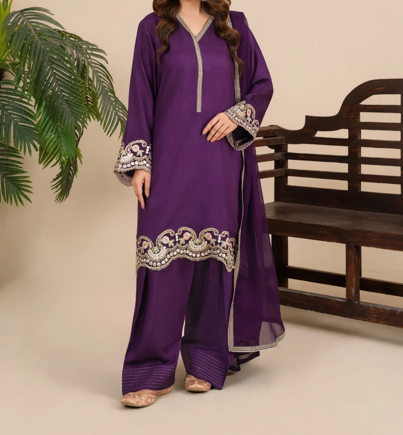 3-Piece Silk Viscose Suit with Chiffon Dupatta & Farshi Shalwar | BASANT-B25-0002