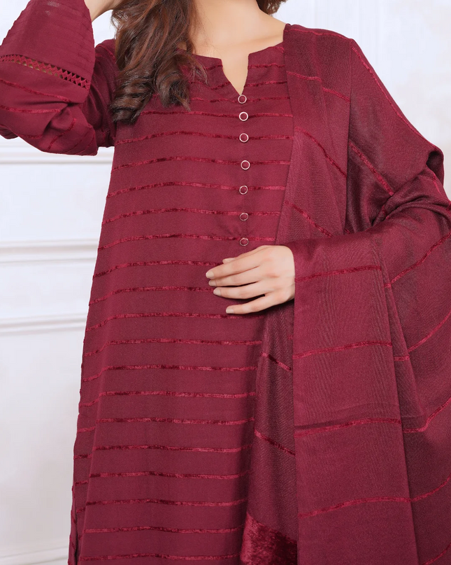 3pc Alpine Velvet Shirt with Velvet Border Shawl and Plain Trouser Maroon W24-VEL-0003