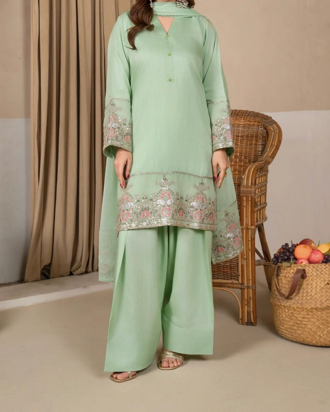 3Pc Embroidered Silk Viscose with Farshi Shalwar Mint JASHAN-J26-0005