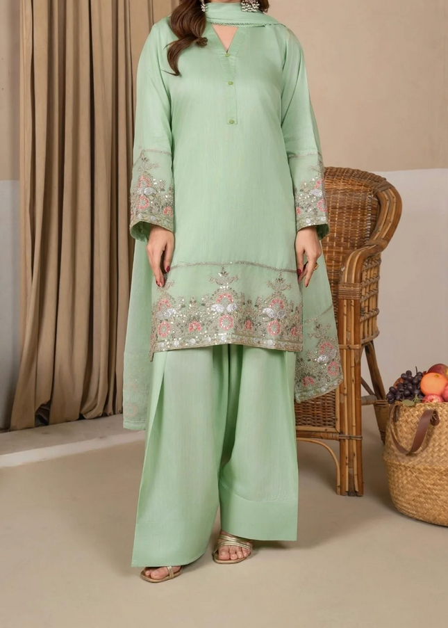 3Pc Embroidered Silk Viscose with Farshi Shalwar Mint JASHAN-J26-0005