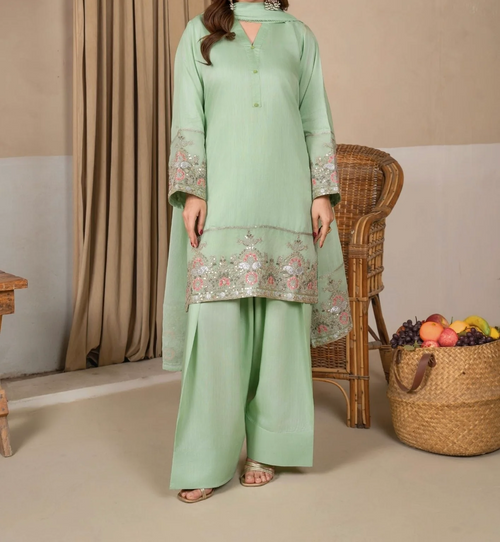 3Pc Embroidered Silk Viscose with Farshi Shalwar Mint JASHAN-J26-0005