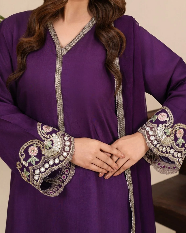 3-Piece Silk Viscose Suit with Chiffon Dupatta & Farshi Shalwar | BASANT-B25-0002
