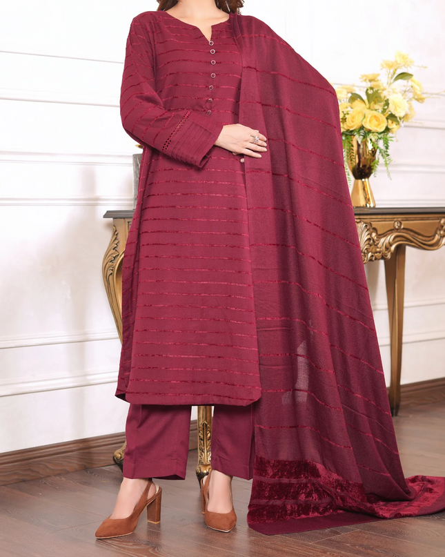 3pc Alpine Velvet Shirt with Velvet Border Shawl and Plain Trouser Maroon W24-VEL-0003
