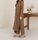 3pc Alpine Velvet Shirt with Velvet Border Shawl and Plain Trouser Chikoo AML-W26-0002