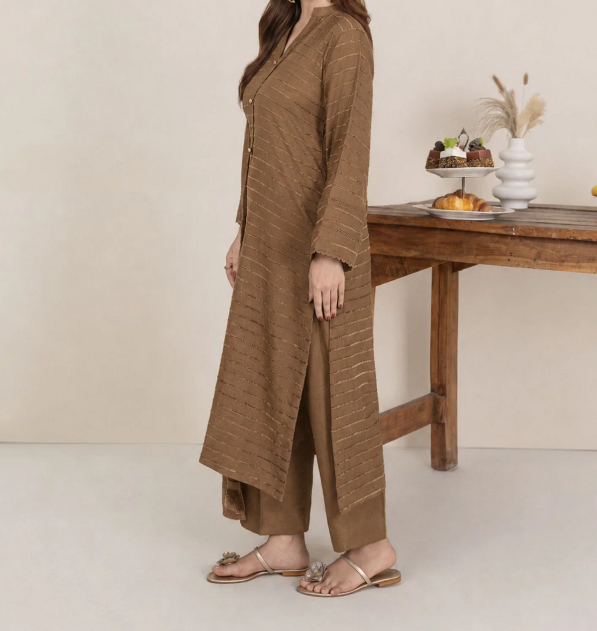 3pc Alpine Velvet Shirt with Velvet Border Shawl and Plain Trouser Chikoo AML-W26-0002