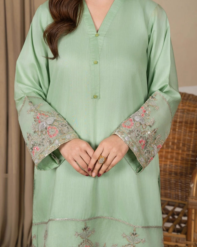 3Pc Embroidered Silk Viscose with Farshi Shalwar Mint JASHAN-J26-0005