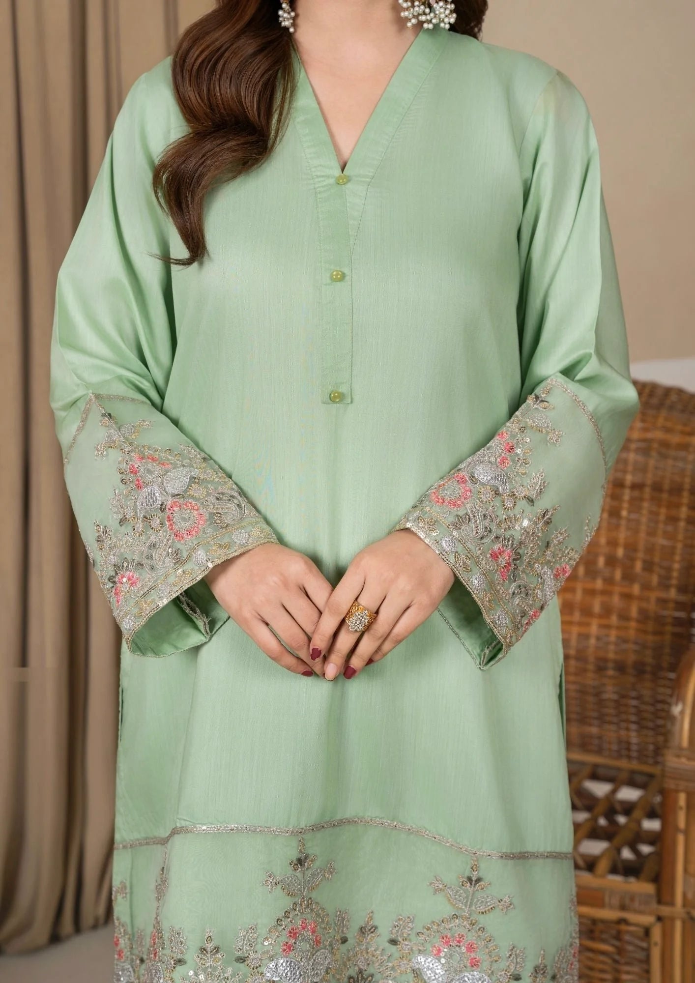 3Pc Embroidered Silk Viscose with Farshi Shalwar Mint JASHAN-J26-0005