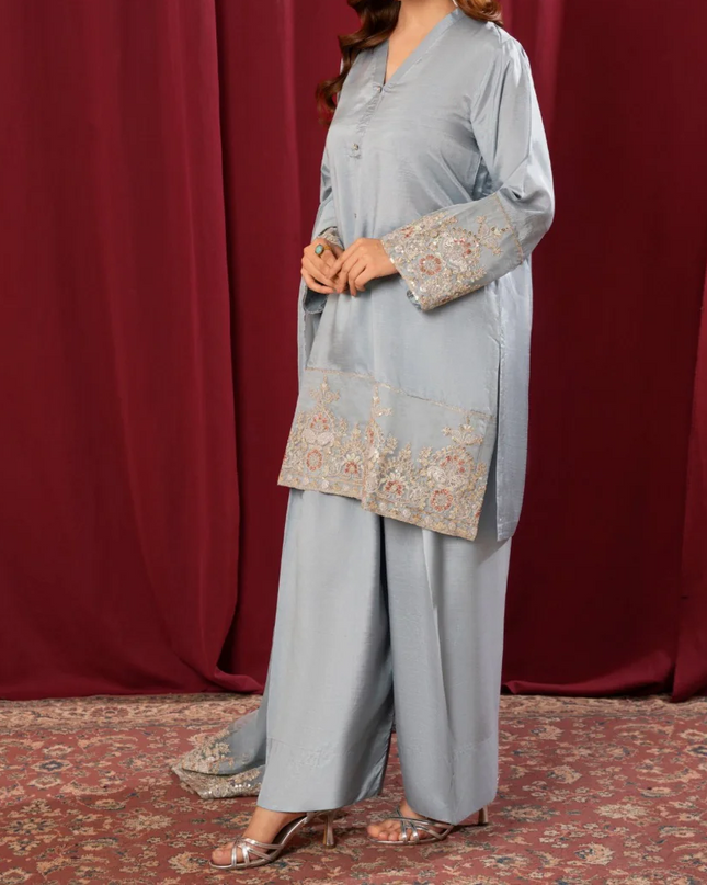 3Pc Embroidered Silk Viscose with Farshi Shalwar with Chiffon Embroidered Bordered Dupatta JASHAN-S25-0037