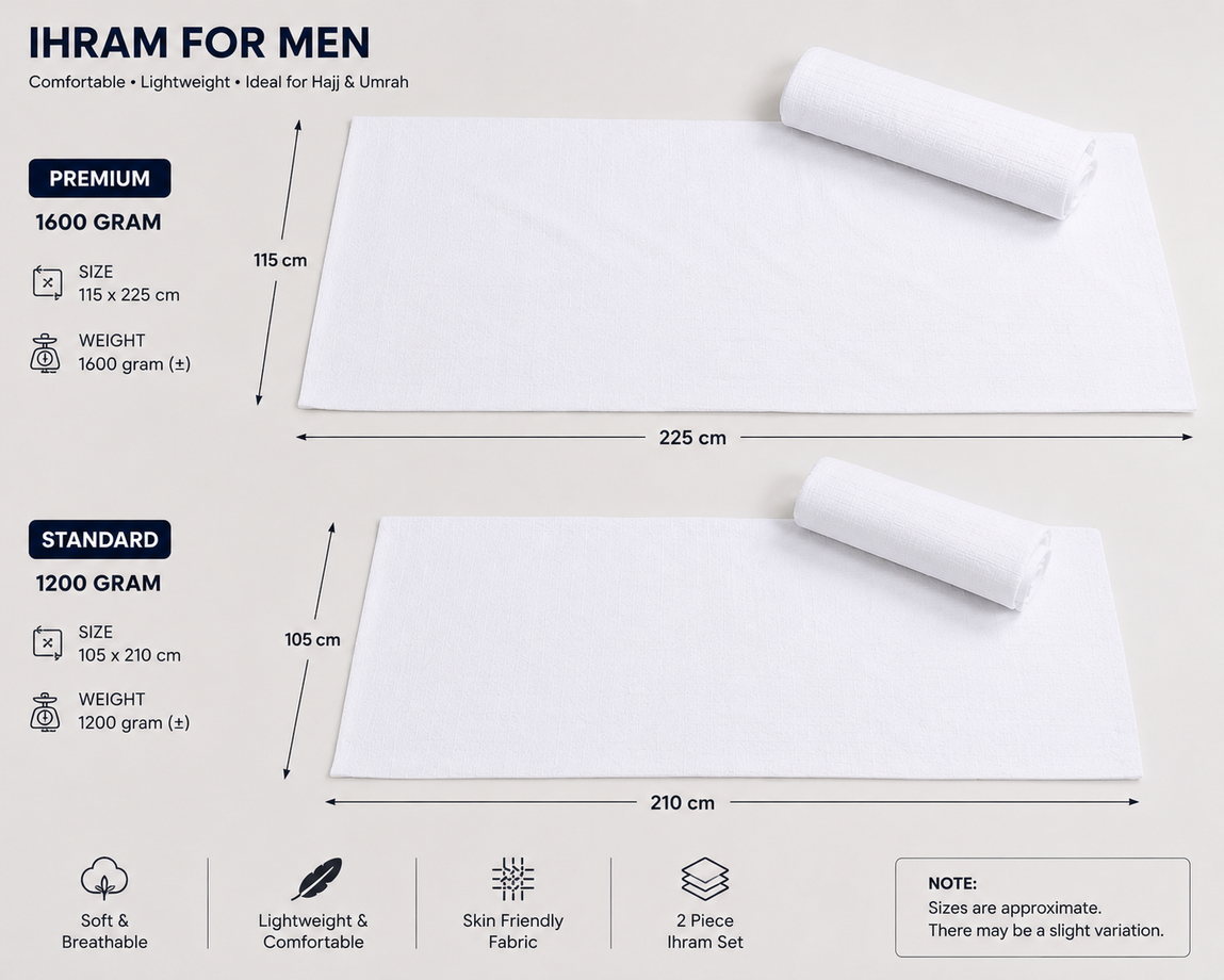 Premium Men's Ihram Set 1200g - 2 Piece White Hajj & Umrah Ihram, 105 × 210 cm