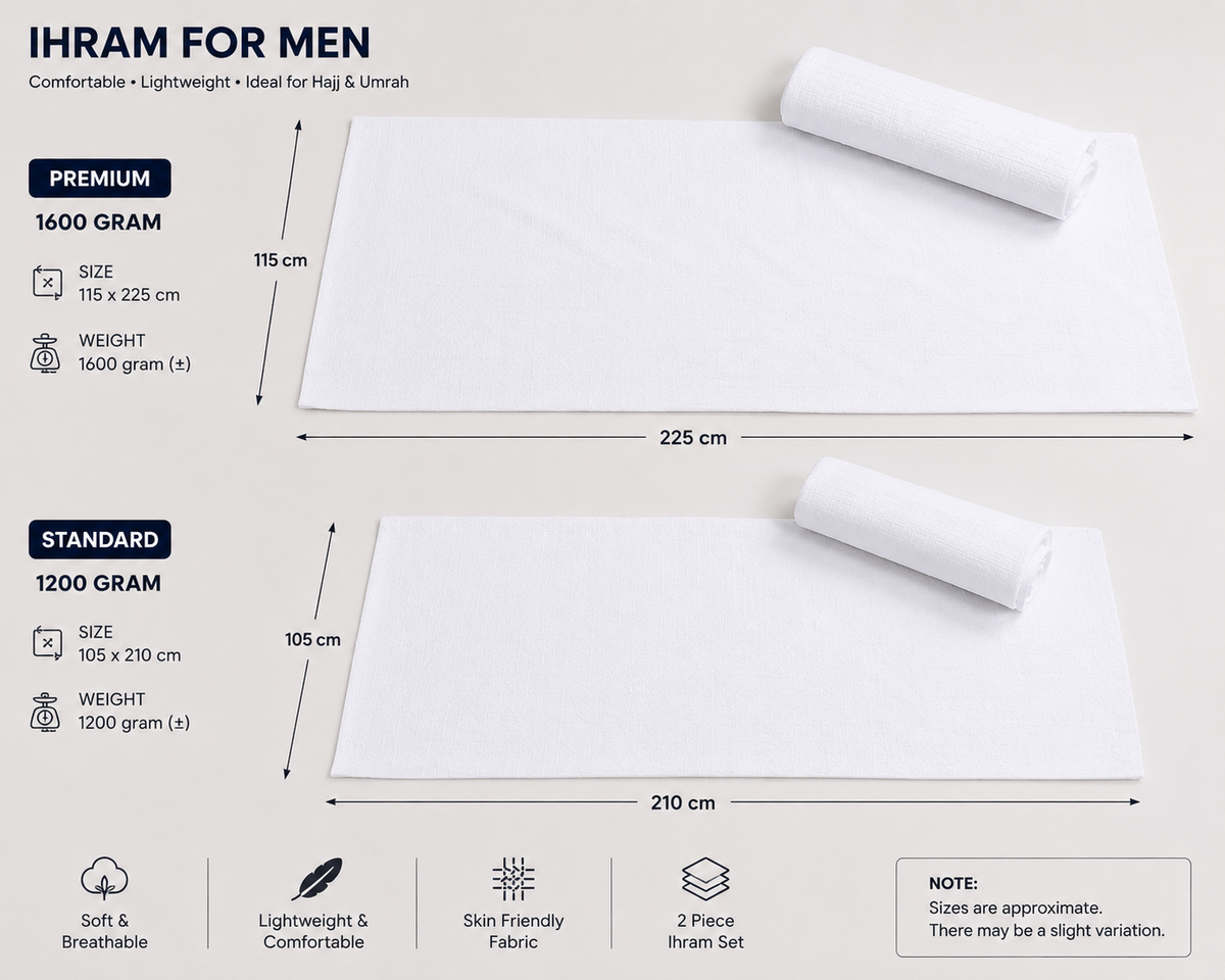 Premium Men's Ihram Set 1200g - 2 Piece White Hajj & Umrah Ihram, 105 × 210 cm
