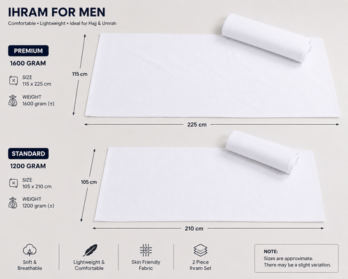 Premium Men's Ihram Set 1200g - 2 Piece White Hajj & Umrah Ihram, 105 × 210 cm